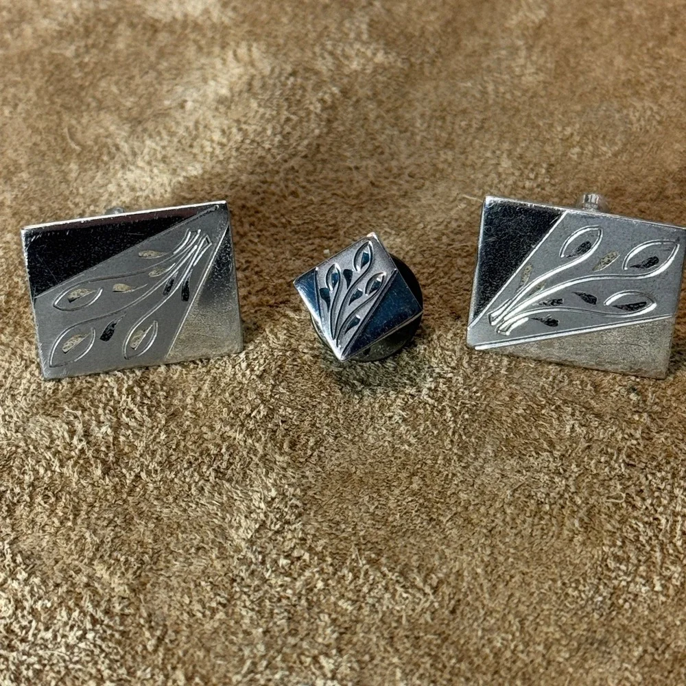 Mr. Exec Sterling Silver Cuff Links Tie Pin Mens 1960s Trio Set